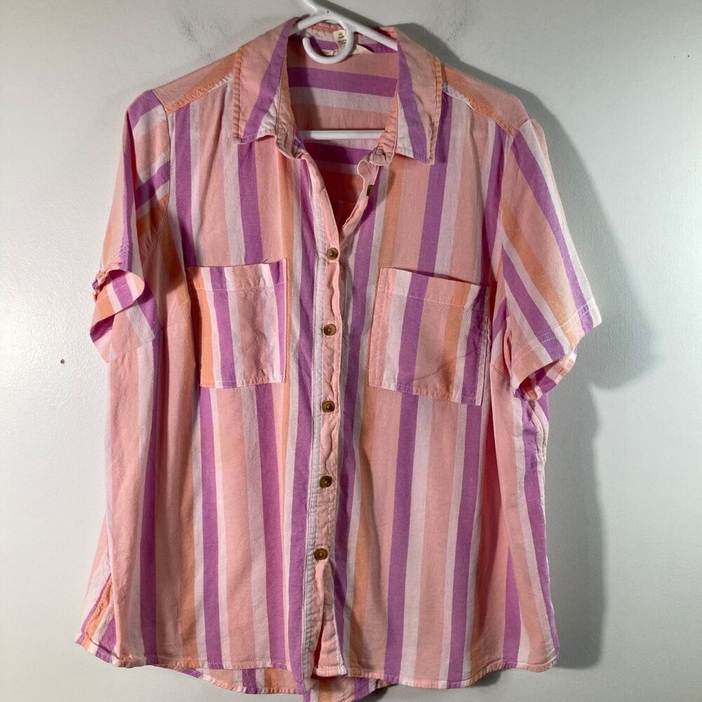 Womens Terra & Sky Stripe Button Shirt Short Sleeve Peach Pink 14W